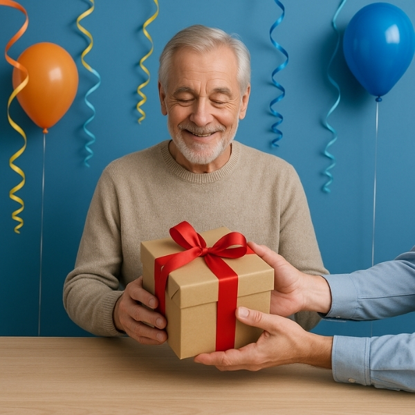 Älterer Mann mit grauem Haar freut sich über ein Geschenk mit roter Schleife – festliche Stimmung mit Luftballons